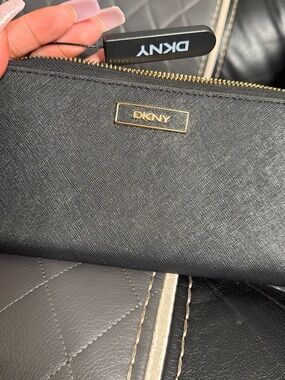 DKNY Black Saffiano Zip Clutch with Gold Hardware